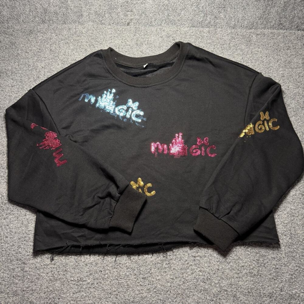 Women’s Pullover Black Sweatshirt “Magic” AOP Sequin Disney Inspired (Size S)